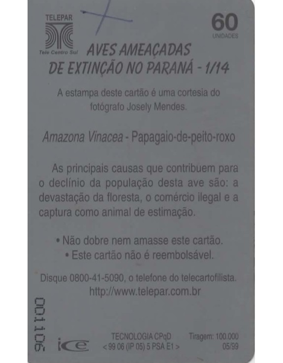 AVES AMEACADAS DE EXTINÇAO 01/14 - PAPAGAIO DO PEITO ROXO