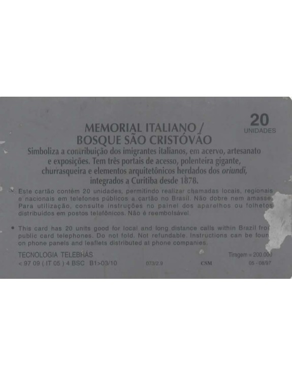 SERIE CIDADE DE CURITIBA - MEMORIAL ITALIANO/BOSQUE SAO CRISTOVAO