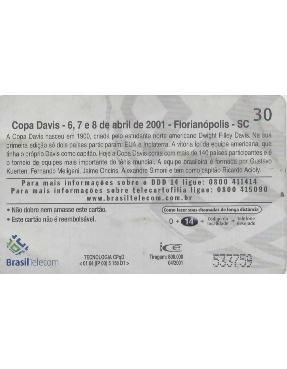 COPA DAVIS - 6,7 E 8 DE ABRIL DE 2001 - FLORIANOPOLIS - SC