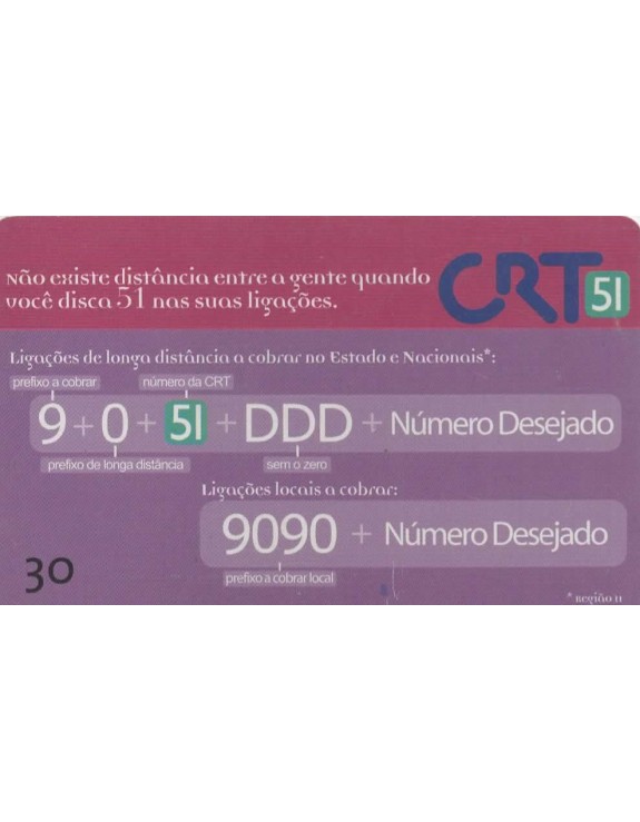 CRT - COMPANHIA RIOGRANDESE DE TELECOMUNICAÇOES - 51 LOGAÇOES A DISTANCIA