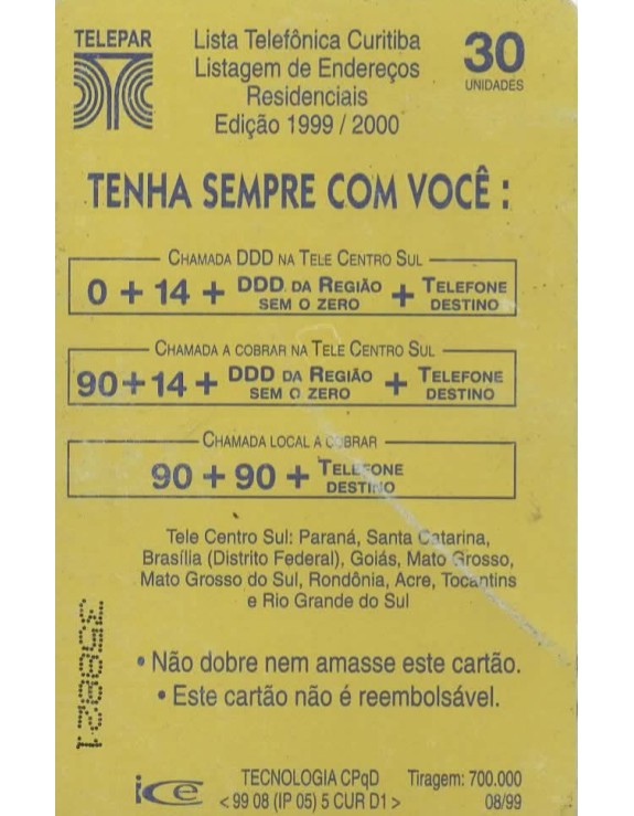 EDITEL - LISTA TELEFONICA CURITIBA 1999/2000 - LISTAGEM DE ENDEREÇOS RESIDENCIAIS