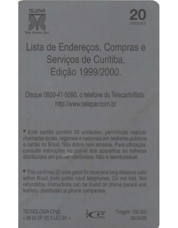 EDITEL - LISTA TELEFONICA CURITIBA 1999/2000 - LISTA DE ENDEREÇOS E SERVIÇOS