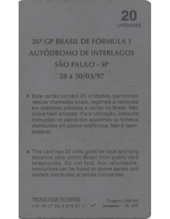 FORMULA I GP BRASIL SAO PAULO - 26 GP BRASIL FORMULA 1 AUTODROMO DE INTERLAGOS SP 28 A 30/03/97