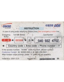 CARTAO TELEFONICO INTERNACIONAL - ONSE CARD - ONSE TELECOM 