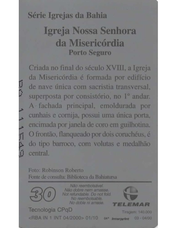 TELEMAR - SERIE IGREJAS DA BAHIA - IGREJA NOSSA SENHORA DA MISERICORDIA - PORTO SEGURO
