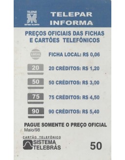 TELEPAR INFORMA - PREÇOS OFICIAIS DAS FICHAS E CARTOES TELEFONICOS