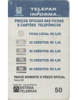 TELEPAR INFORMA - PREÇOS OFICIAIS DAS FICHAS E CARTOES TELEFONICOS