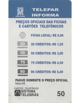 TELEPAR INFORMA - PREÇOS OFICIAIS DAS FICHAS E CARTOES TELEFONICOS